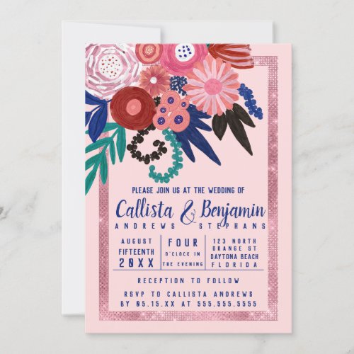 Artsy Pink Blue Red Glitter Floral Acrylic Wedding Invitation