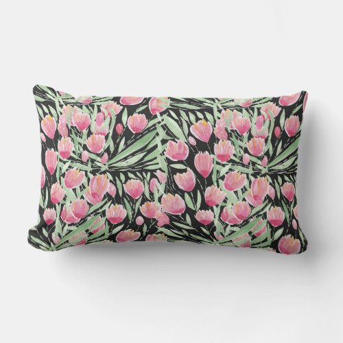Artsy Pink Green Black Tulips Floral Watercolor Lumbar Pillow
