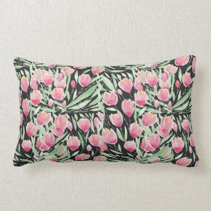 Artsy Pink Green Black Tulips Floral Watercolor Lumbar Pillow