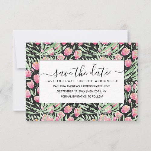 Artsy Pink Green Black Tulips Floral Watercolor Save The Date