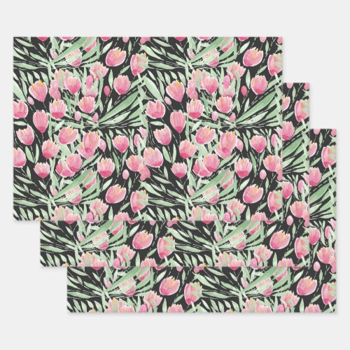 Artsy Pink Green Black Tulips Floral Watercolor Wrapping Paper Sheets