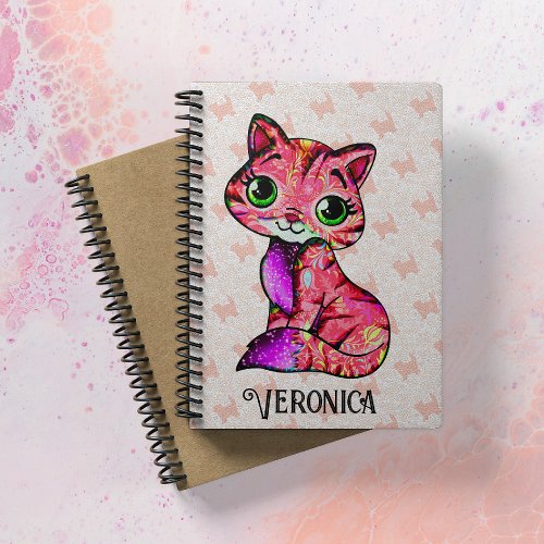 Artsy Pink Kitten Personalized Floral Cute Cat Notebook