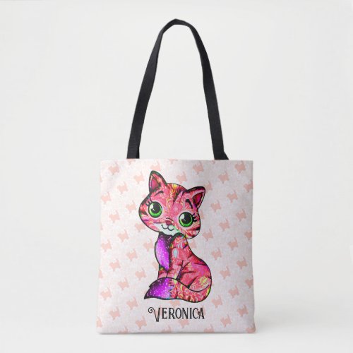 Artsy Pink Kitten Personalized Floral Cute Cat Tote Bag