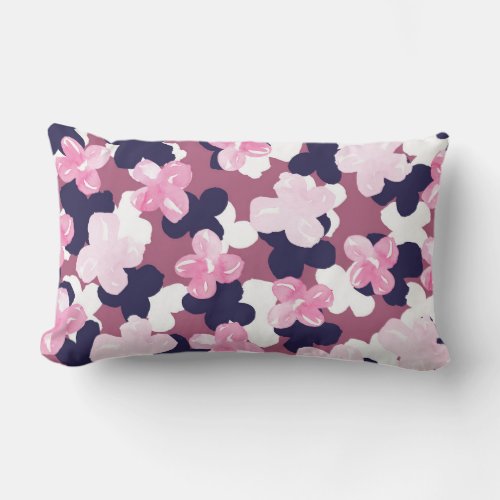 Artsy Pink Navy Blue Watercolor Floral Pattern Lumbar Pillow