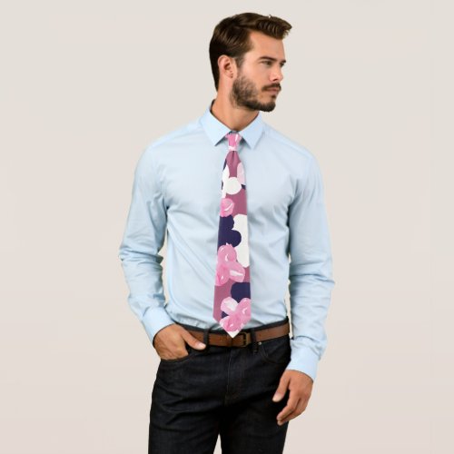 Artsy Pink Navy Blue Watercolor Floral Pattern Neck Tie
