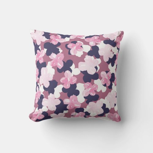 Artsy Pink Navy Blue Watercolor Floral Pattern Outdoor Pillow