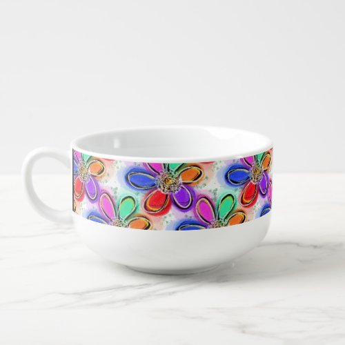 Artsy Pink Purple Green Floral Watercolor Soup Mug