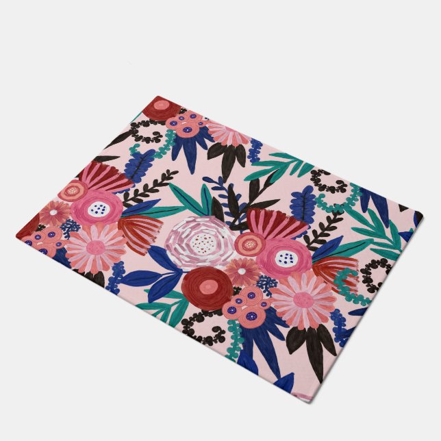 Artsy Pink Red Blue Acrylic Painted Flowers Leaves Doormat (Angled)