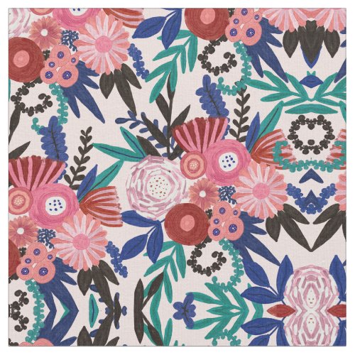 Artsy Pink Red Blue Acrylic Painted Flowers Leaves Fabric