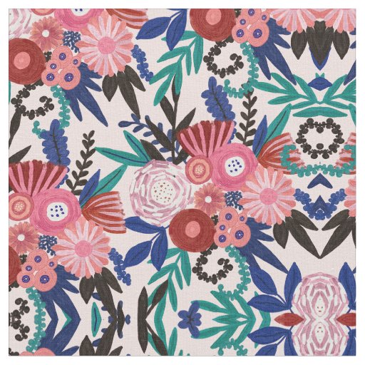 Artsy Pink Red Blue Acrylic Painted Flowers Leaves Fabric