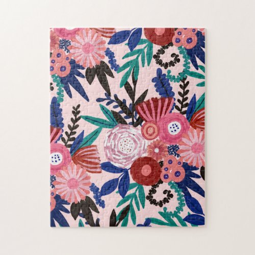 Artsy Pink Red Blue Acrylic Painted Flowers Leaves Jigsaw Puzzle