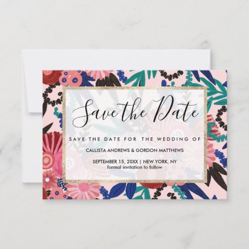 Artsy Pink Red Blue Acrylic Painted Flowers Leaves Save The Date