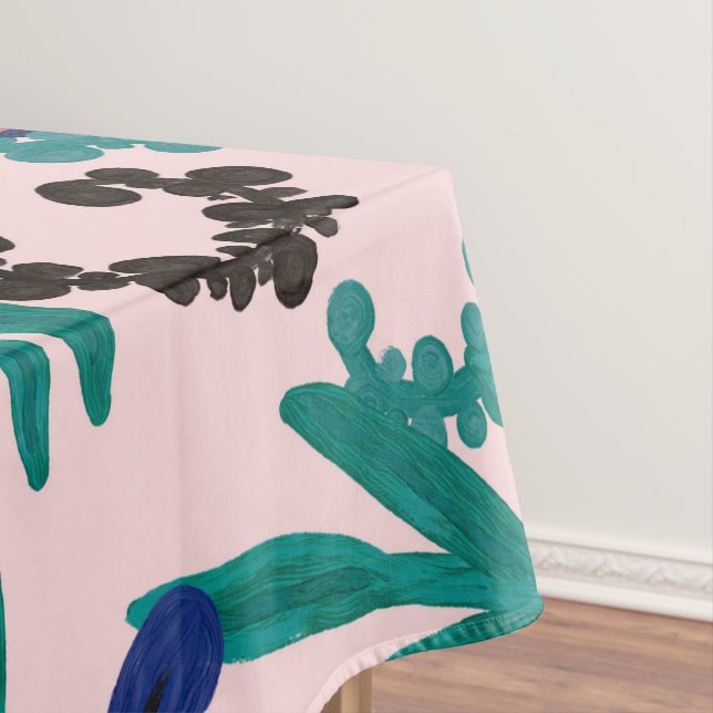 Artsy Pink Red Blue Acrylic Painted Flowers Leaves Tablecloth (In Situ)