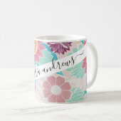 Artsy Pink Teal Flowers Leaves Oil Painted Pattern Coffee Mug (Front Right)