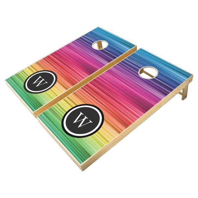 Artsy Rainbow Color Stripes Monogrammed Cornhole Set (Angled)