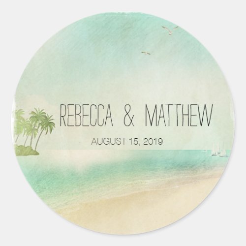Artsy Retro Vintage Peaceful Beach Wedding Custom Classic Round Sticker