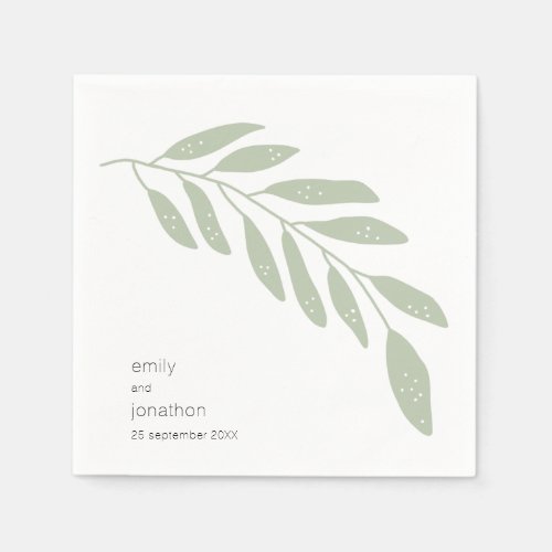 Artsy Sage Green Foliage Names Date Wedding Napkins