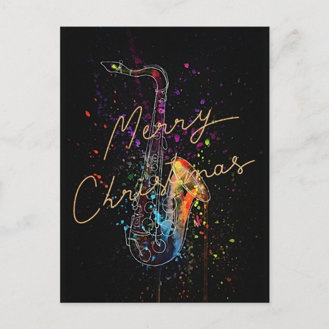 Artsy Saxophone, Merry Christmas, Postcard (Front)