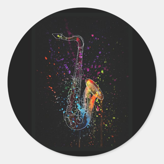 Artsy Saxophone Splatter and Splash Classic Round Sticker (Front)