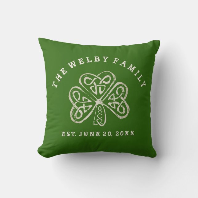 Artsy Shamrock Irish Family Est. Date Personalized Throw Pillow (Front)