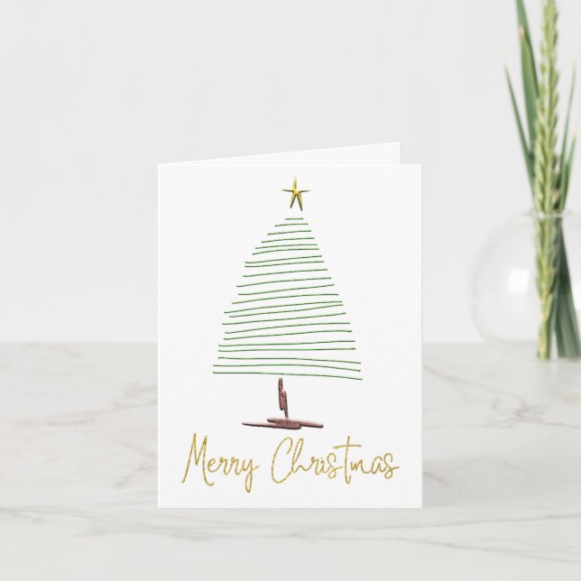 Artsy Simplistic Christmas Tree Gold Text Holiday Card (Front)