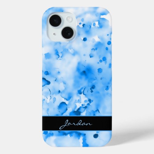 Artsy Sky Blue Watercolor Paint Splatters w Name iPhone 15 Case