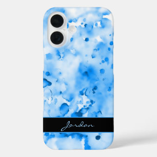 Artsy Sky Blue Watercolor Paint Splatters w/ Name iPhone 16 Case