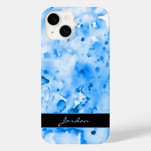 Artsy Sky Blue Watercolor Paint Splatters w Name Case_Mate iPhone 14 Case