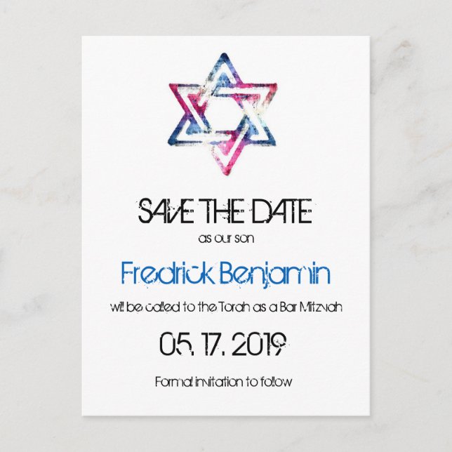 Artsy Star of David Bar Bat Mitzvah Save The Date Announcement Postcard (Front)
