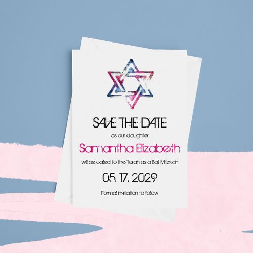 Artsy Star of David Bar Bat Mitzvah Save The Date Invitation