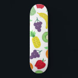 Artsy Summer Colorful Acrylic Fruit Pattern Skateboard<br><div class="desc">This artsy and unique pattern is perfect for the summer season. It depicts a bright and vibrant colorful acrylic painted fruit pattern including pears, apples, bananas, oranges, grapes, and kiwi on top of a simple white background. It's modern, cool, and a playful foodie print. ***IMPORTANT DESIGN NOTE: For any custom...</div>