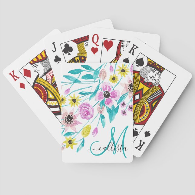 Artsy Summer Flowers Leaves Watercolor Monogram Poker Cards (Back)