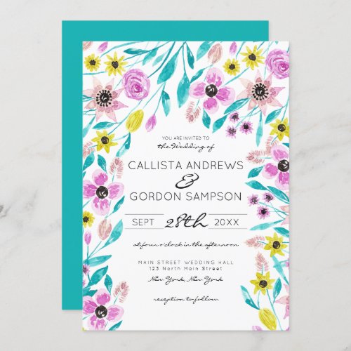 Artsy Summer Flowers Leaves Watercolor Wedding Invitation