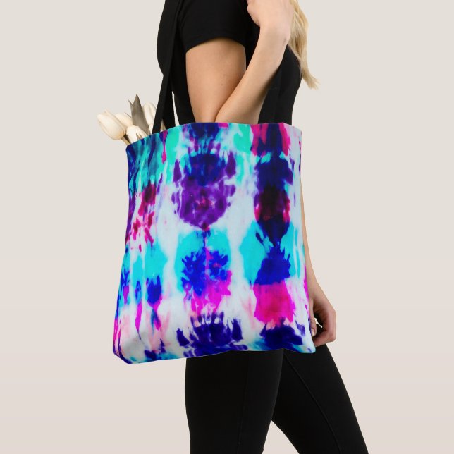 Artsy Summer Pink Blue Colorful Tie Dye Pattern Tote Bag (Close Up)