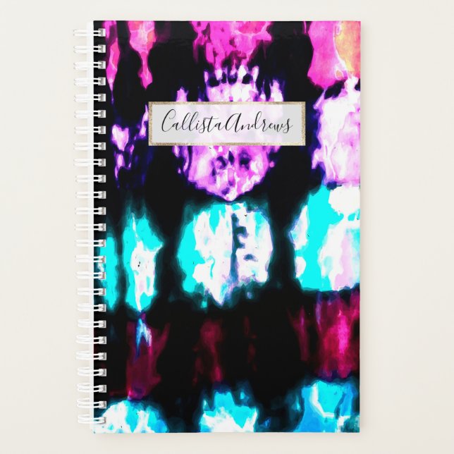 Artsy Summer Teal Black Colorful Tie Dye Pattern Planner (Front)