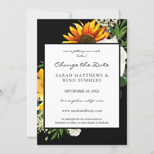 Artsy Sunflower Floral Black Change the Date Invitation