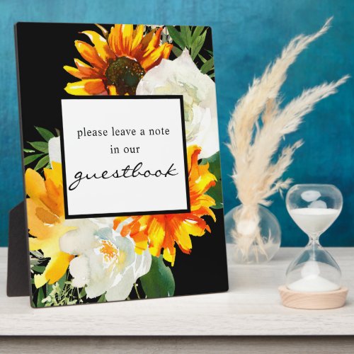 Artsy Sunflower Floral Guestbook Sign Easel Black Plaque