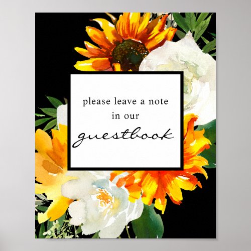 Artsy Sunflower Floral Guestbook Sign Poster Black