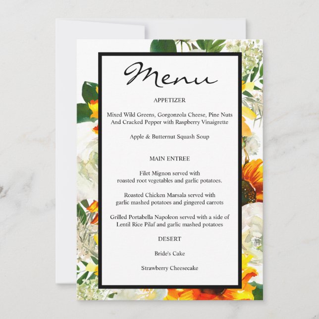 Artsy Sunflower Floral Menu - White Invitation (Front)