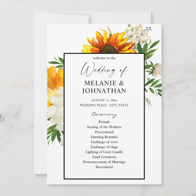 Artsy Sunflower Floral Wedding Ceremony Program 2 (Front)