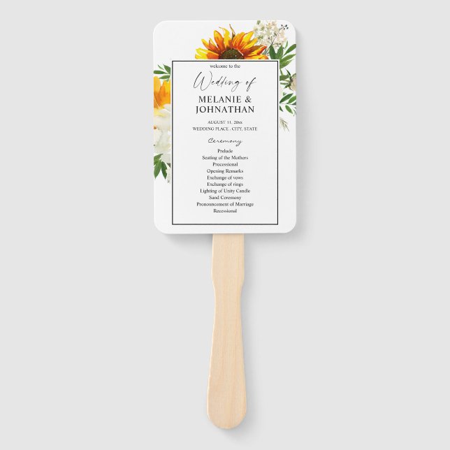 Artsy Sunflower Floral Wedding Ceremony Program 2 Hand Fan (Front)