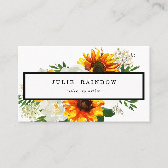 Artsy Sunflower Floral - White Business Card (Front)