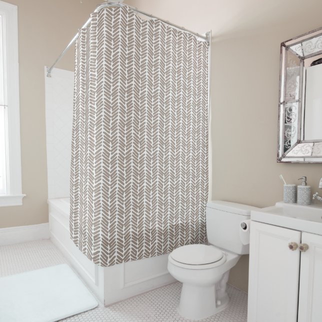 Artsy Taupe Beige Brown White Zigzag Art Stripes Shower Curtain (In Situ)