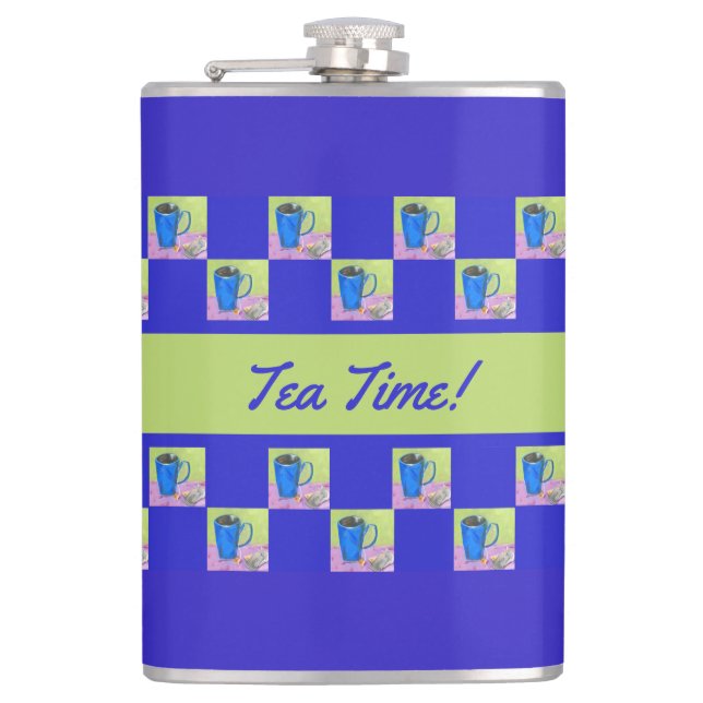 Artsy Tea Time Green/Blue Repeating Design Flask (Front)