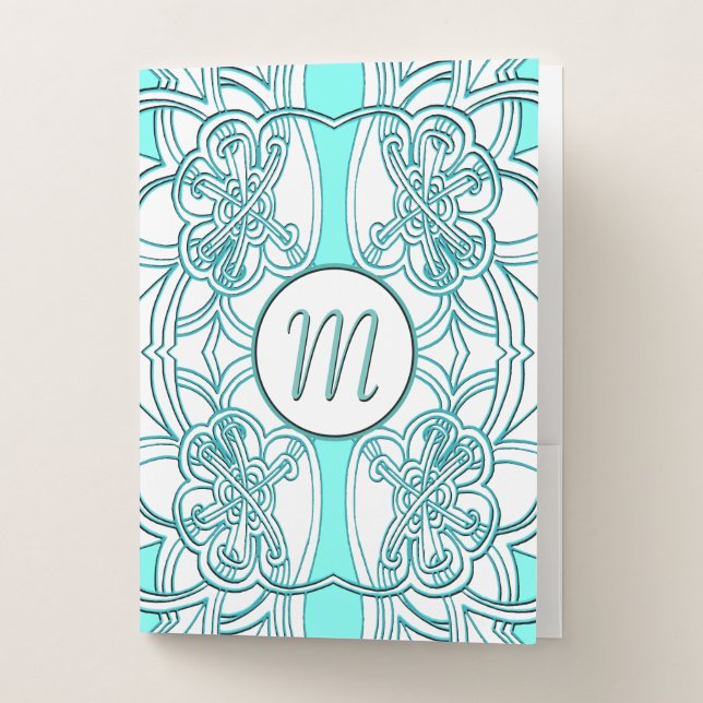 Artsy Teal and Turquoise Monogrammed Pocket Folder (Front)