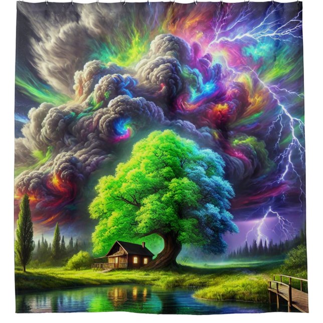 Artsy Tree and Sunset Scene Shower Curtain (Front)