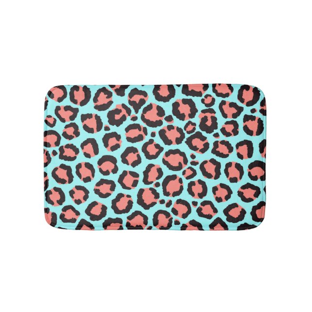 Artsy Trendy Coral Mint Teal Leopard Animal Print Bath Mat (Front)