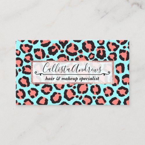 Artsy Trendy Coral Mint Teal Leopard Animal Print Business Card