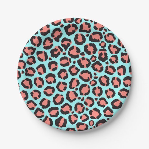 Artsy Trendy Coral Mint Teal Leopard Animal Print Paper Plates