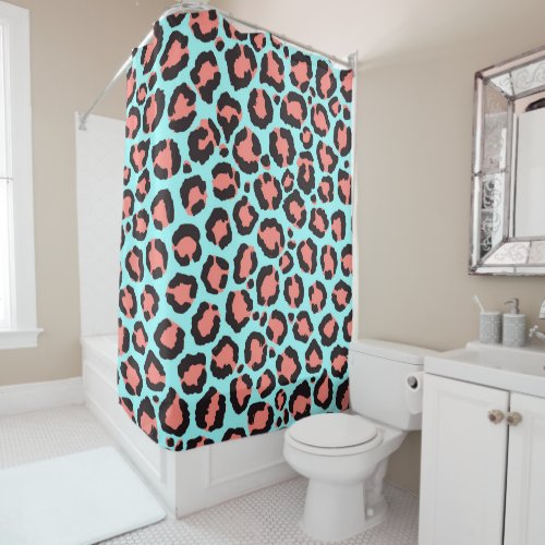 Artsy Trendy Coral Mint Teal Leopard Animal Print Shower Curtain